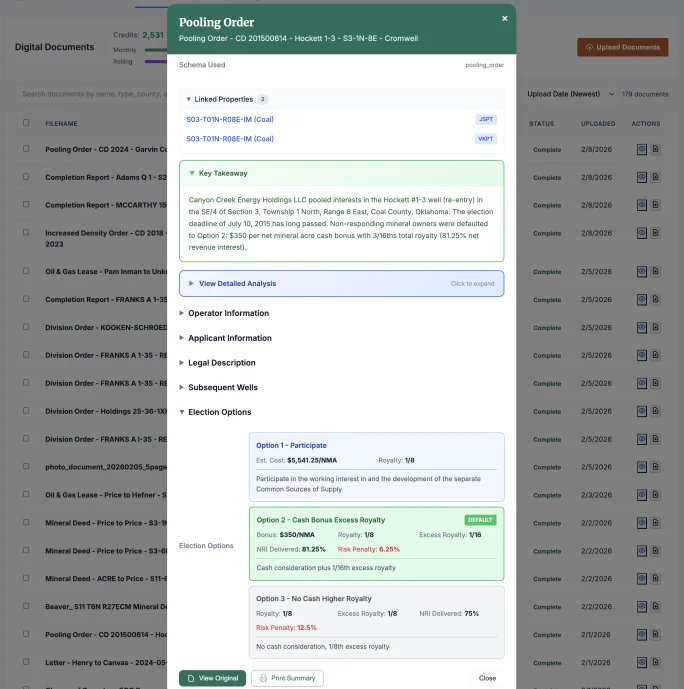AI document extraction of pooling order with election options